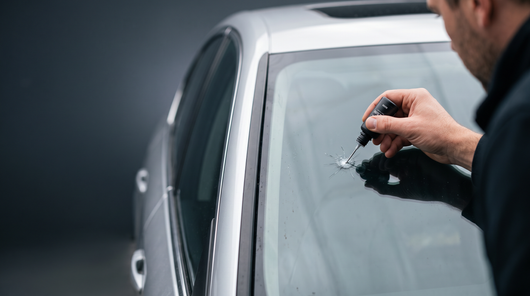 Applying Homeveray GlassFix resin to a stone chip on a car windshield