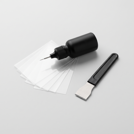 Homeveray GlassFix windshield repair kit: resin applicator, curing films and razor blade